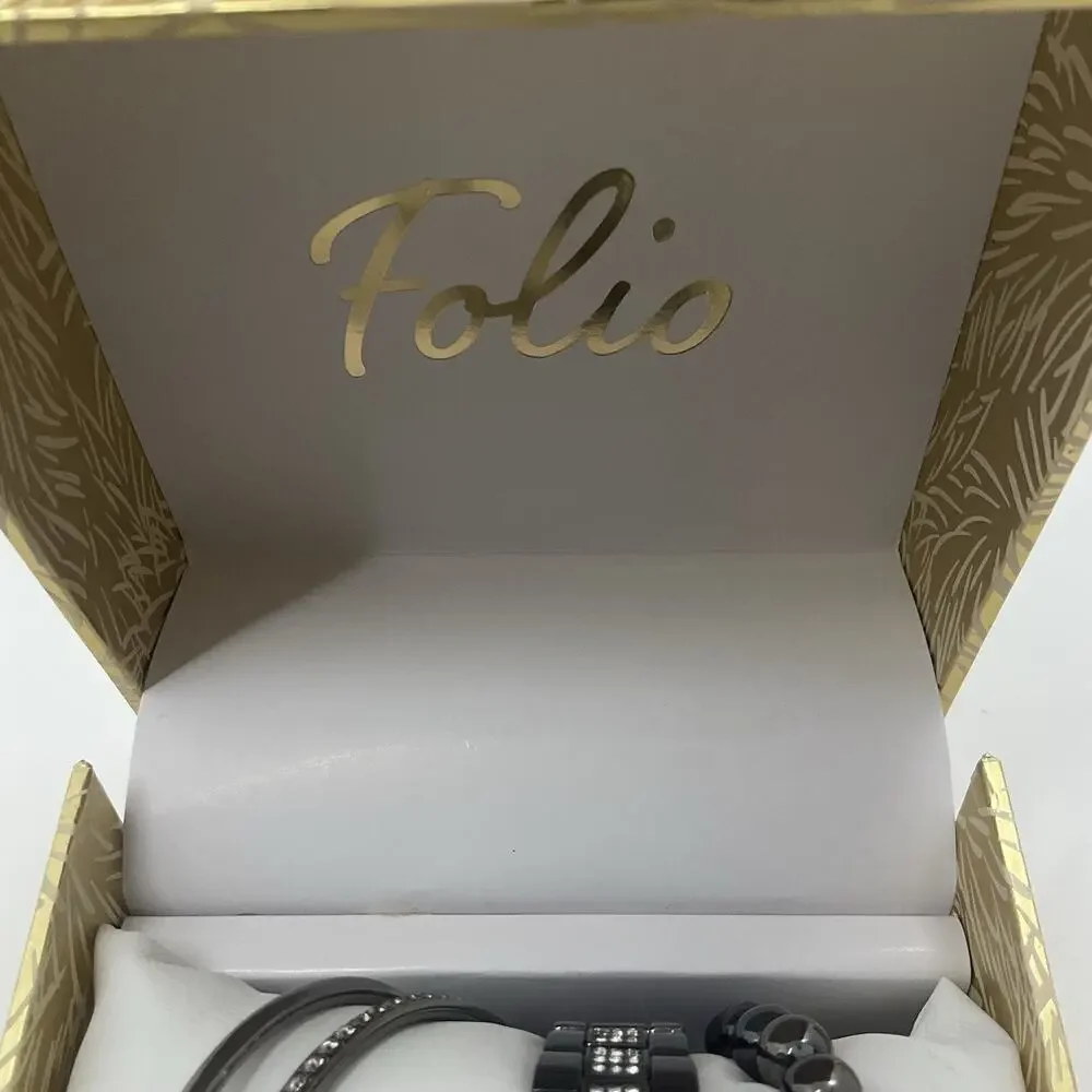 Folio Women’s Silver Tone Quartz Wrist Watch & 3 Bracelet Boxed Gift Set NEW